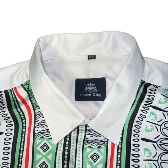 NWOT SWORD KING White Patterned Long Sleeve Button Up Shirt Size XXXL (XL) - Picture 6 of 10
